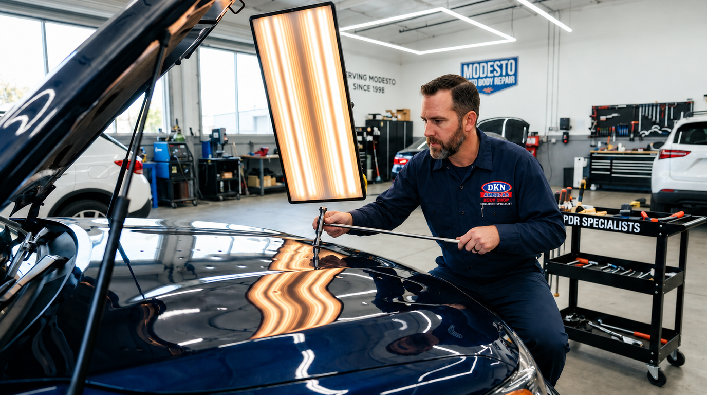Auto hail damage repair, car hail damage repair, paintless dent repair Modesto, hail dent removal, vehicle hail damage repair DKN America's Body Shop
